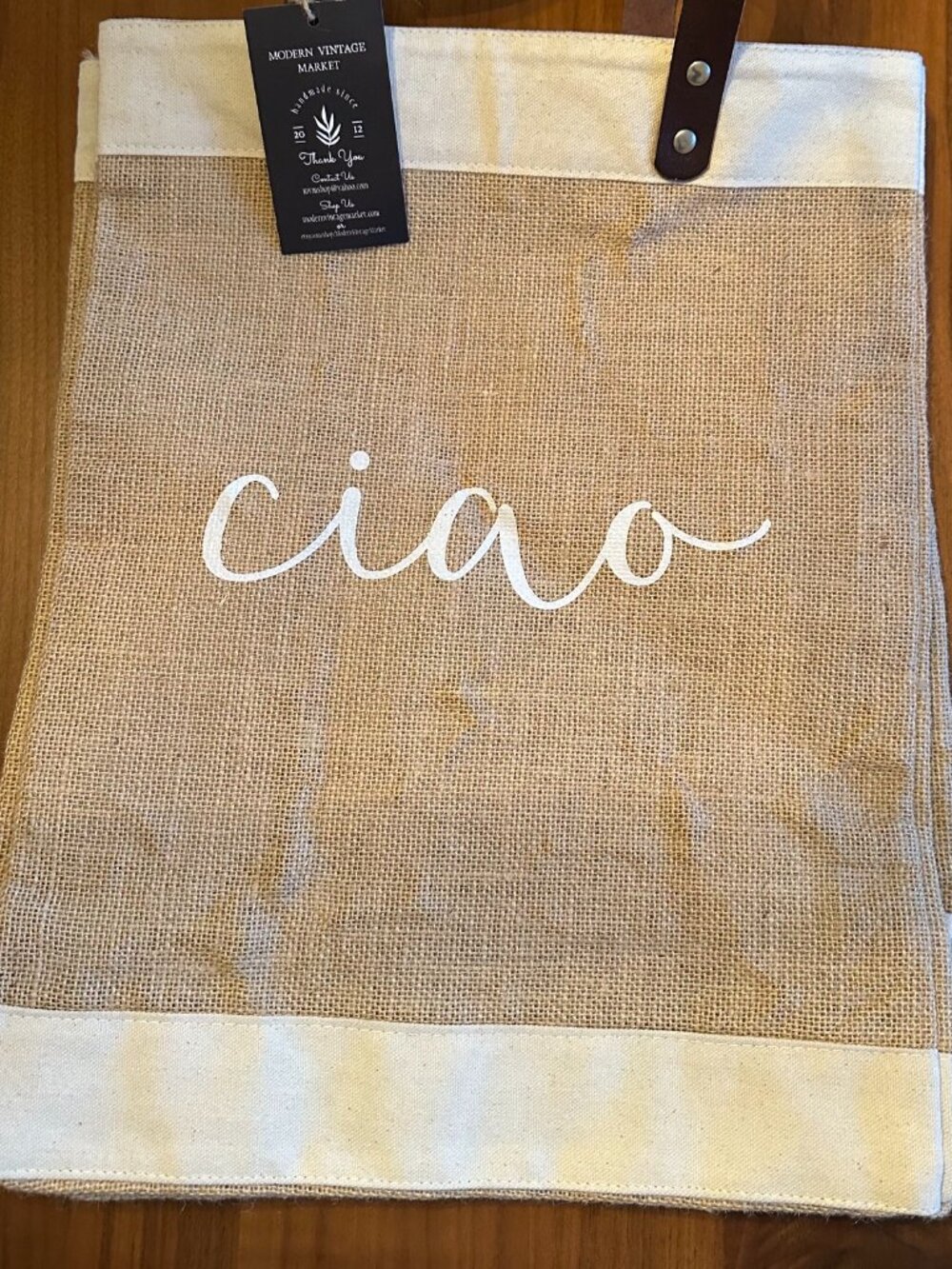 Natural Jute Market Tote Bag w. Brown Leather Handles "Ciao" Lettering Italy NWT